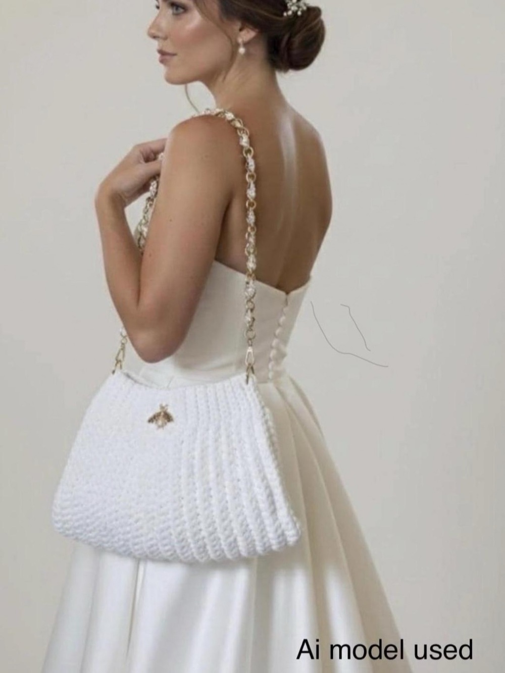 Bridal White Crochet Shoulder Bag with Gold Chain Strap